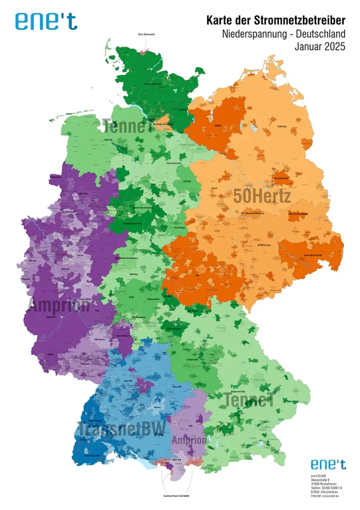 Karte der Stromnetzbetreiber in Deutschland mit Amprion, 50Hertz, TenneT und TransnetBW, dargestellt nach Bundesländern, relevant für Strompreis 2026 und regionale Entlastungen.
