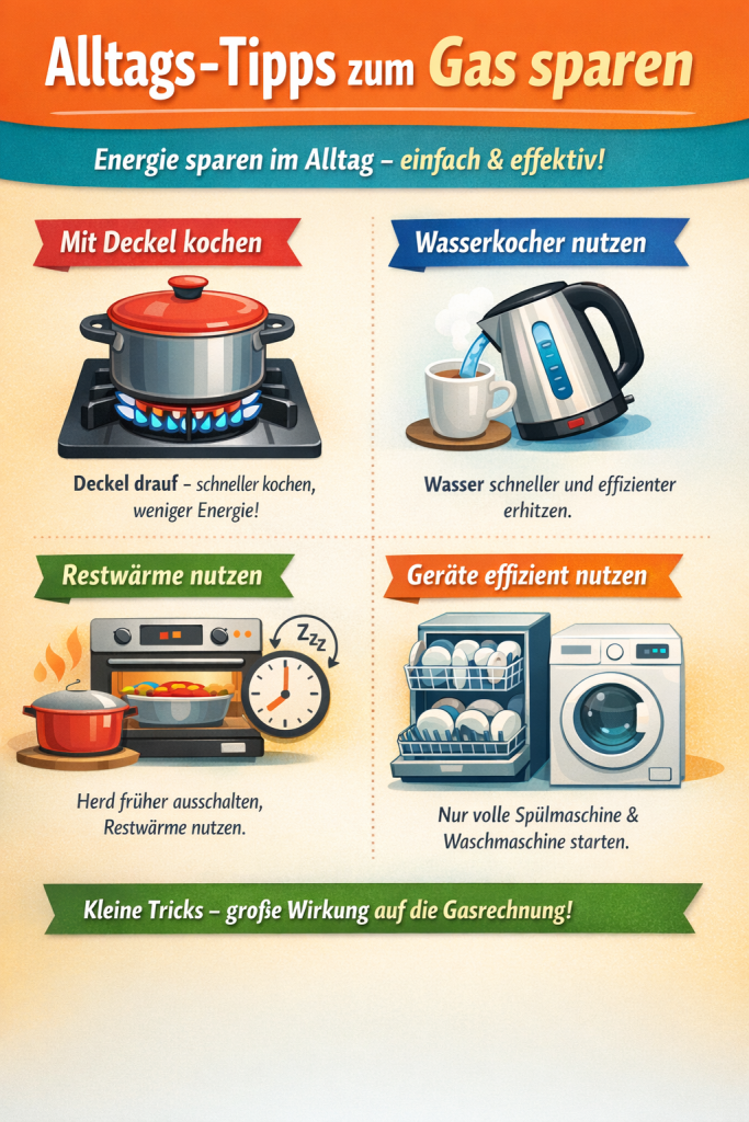 Infografik 'Alltags-Tipps zum Gas sparen': Vier Tipps zur Reduzierung des Gasverbrauchs im Alltag. 1) Mit Deckel kochen – Topf auf dem Herd mit Deckel, weniger Energieverbrauch. 2) Wasser im Wasserkocher erhitzen – schneller und effizienter als auf dem Herd. 3) Restwärme nutzen – Herd oder Backofen ein paar Minuten früher ausschalten, Wärme noch nutzen. 4) Geräte effizient nutzen – Spülmaschine und Waschmaschine nur voll beladen starten. Überschrift betont Energie sparen einfach und effektiv, Fußzeile: 'Kleine Tricks – große Wirkung auf die Gasrechnung!' Farbige Icons illustrieren jeden Tipp, modernes Layout.