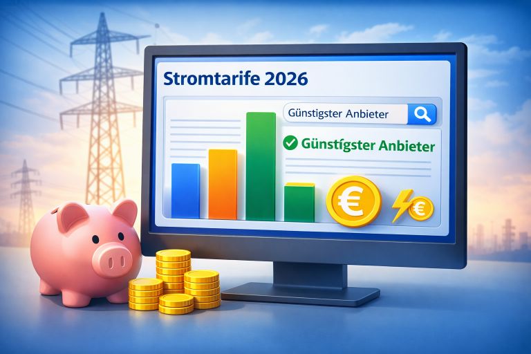 Digitale Illustration zeigt einen Vergleich von Stromtarifen 2026 auf einem Monitor. Balkendiagramm hebt den günstigsten Stromanbieter hervor. Im Vordergrund ein Sparschwein und Münzen symbolisieren Kostenersparnis. Hintergrund mit Strommasten, modern und klar gestaltet.