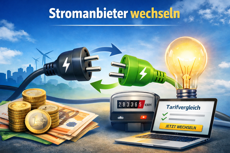 Stromanbieter wechseln: Illustration mit zwei Stromsteckern, Glühbirne, Stromzähler, Laptop mit Tarifvergleich und Münzen als Symbol für Ersparnis und einfache Online-Abwicklung