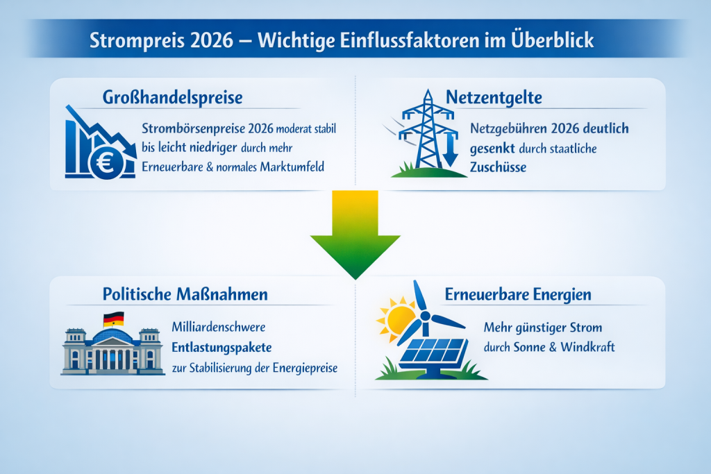 Strompreis 2026 – Wichtige Einflussfaktoren im Überblick“. Vier Bereiche erklären die wichtigsten Faktoren für den Strompreis: Großhandelspreise mit Hinweis auf moderat stabile bis leicht sinkende Börsenpreise, Netzentgelte mit sinkenden Gebühren durch staatliche Zuschüsse, politische Maßnahmen mit Entlastungspaketen der Bundesregierung sowie erneuerbare Energien mit günstigerer Stromproduktion durch Sonne und Wind. In der Mitte zeigt ein großer grüner Pfeil nach unten, der auf mögliche sinkende Strompreise hinweist