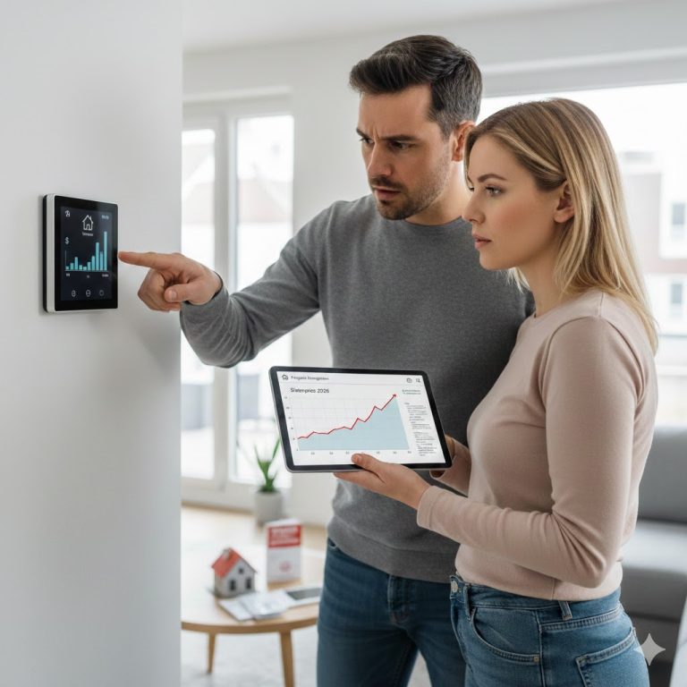 Mann und Frau in einer modernen Wohnung beim Überprüfen ihrer Energiekosten und Stromtarife für 2026 auf einem Tablet.
