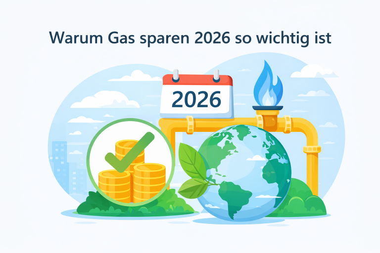 Illustration zur Bedeutung des Gassparens: Ein Haus mit Gasverbrauchsanzeige, Energiesparmaßnahmen und Symbolen für Umwelt- und Kostenersparnis