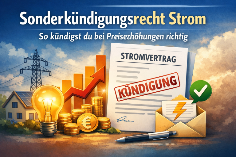 Illustration für das Sonderkündigungsrecht Strom: Auf der linken Seite ein Haus mit Solarpanelen, eine leuchtende Glühbirne, Münzen und ein aufsteigender Pfeil symbolisieren steigende Strompreise. Auf der rechten Seite ein Stromvertrag mit rotem „Kündigung“-Stempel, ein Umschlag mit Stromsymbol und ein Stift. Im Hintergrund Stromleitungen und ein blauer Himmel. Text im Bild: „Sonderkündigungsrecht Strom – So kündigst du bei Preiserhöhungen richtig