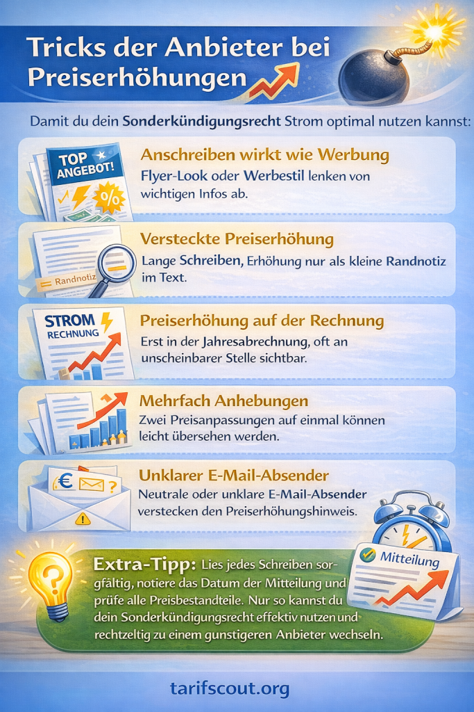Infografik mit dem Titel „Tricks der Anbieter bei Preiserhöhungen“. Sie zeigt fünf typische Methoden, wie Energieanbieter Preiserhöhungen verschleiern: Anschreiben im Werbestil, versteckte Preiserhöhungen als Randnotiz, Preiserhöhung erst auf der Jahresabrechnung, mehrere Preissteigerungen gleichzeitig und unklare E-Mail-Absender. Unten wird ein Extra-Tipp hervorgehoben: Jedes Schreiben sorgfältig lesen, Mitteilungsdatum notieren und alle Preisbestandteile prüfen, um das Sonderkündigungsrecht Strom rechtzeitig nutzen zu können. Symbole wie Dokumente, Briefumschläge, Alarmuhr und Glühbirne visualisieren die Punkte. Logo „tarifscout.org“ am unteren Rand.