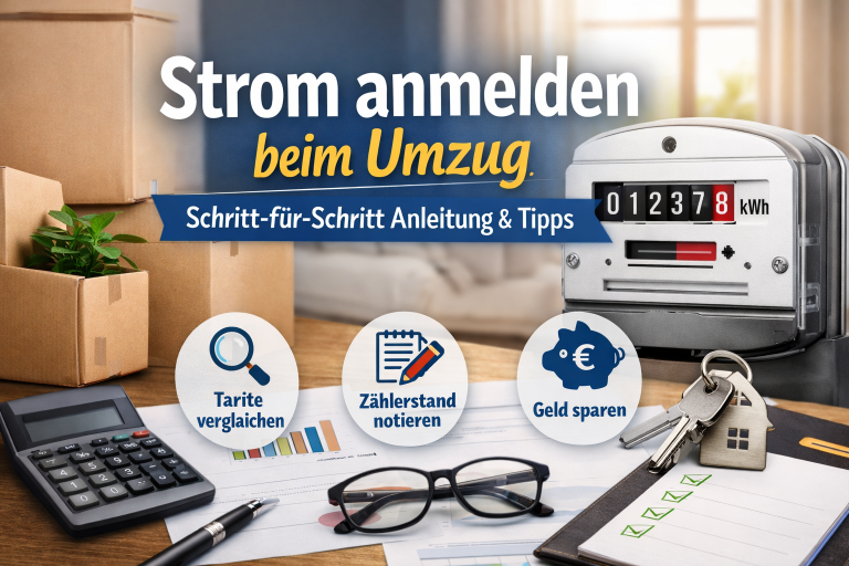 Beitragsbild für „Strom anmelden nach Umzug“: Ein moderner Stromzähler neben Umzugskartons, Schlüssel mit Hausanhänger, Brille, Taschenrechner und Notizblock. Symbole zeigen „Tarife vergleichen“, „Zählerstand notieren“ und „Geld sparen“
