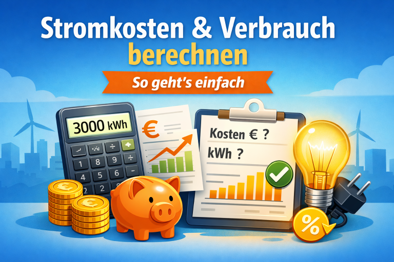 Beitragsbild für Artikel 'Stromkosten berechnen': Taschenrechner zeigt 3000 kWh, Sparschwein, Glühbirne, Diagramm und Euro-Münzen. Heller Hintergrund, moderne Icons, freundliche Farben.