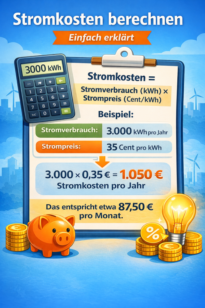 Infografik zur Berechnung von Stromkosten: 'Stromkosten berechnen = Stromverbrauch × Strompreis'. Beispiel: 3000 kWh × 35 Cent = 1050 € pro Jahr, ca. 87,50 € pro Monat. Mit Taschenrechner, Sparschwein, Glühbirne und Euro-Münzen, klar und modern gestaltet.
