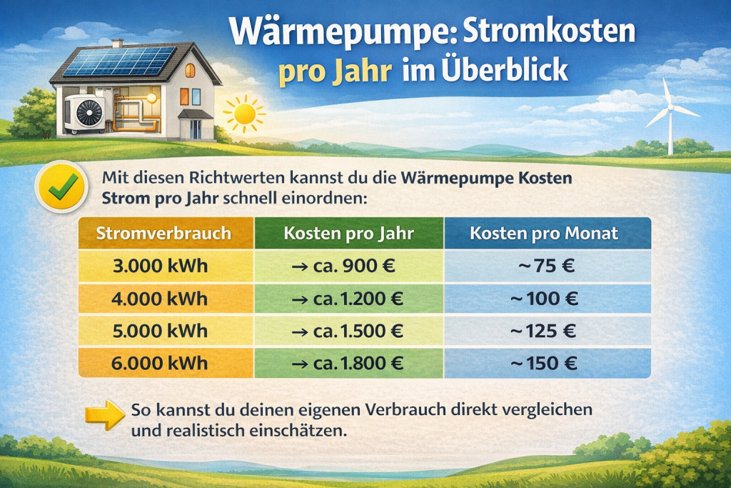 Infografik auf Deutsch mit dem Titel „Wärmepumpe: Stromkosten pro Jahr im Überblick“. Oben ist ein Haus mit Wärmepumpe und Solaranlage in einer Landschaft mit Sonne und Windrad dargestellt. Darunter steht ein erklärender Text. Im Zentrum befindet sich eine farbige Tabelle mit drei Spalten: „Stromverbrauch“, „Kosten pro Jahr“ und „Kosten pro Monat“. Aufgelistet sind vier Beispiele:
3.000 kWh → ca. 900 € / ~75 €,
4.000 kWh → ca. 1.200 € / ~100 €,
5.000 kWh → ca. 1.500 € / ~125 €,
6.000 kWh → ca. 1.800 € / ~150 €.
Am unteren Rand weist ein Pfeil darauf hin, dass man den eigenen Verbrauch damit vergleichen und realistisch einschätzen kann.