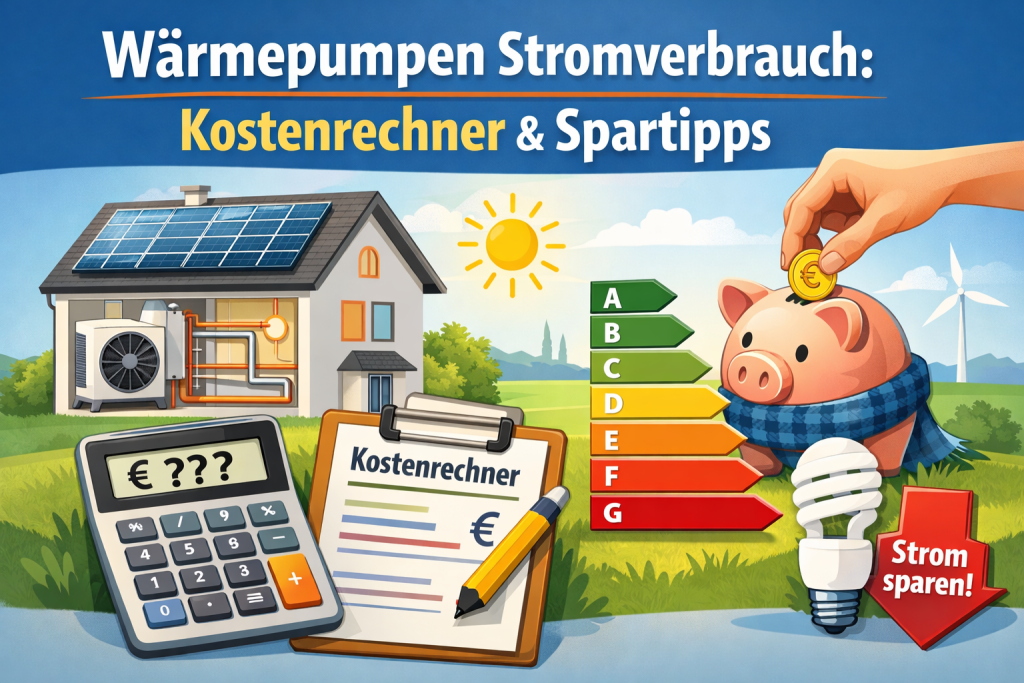 Infografik auf Deutsch zum Thema „Wärmepumpen Stromverbrauch: Kostenrechner & Spartipps“: Zu sehen ist ein Einfamilienhaus mit Wärmepumpe und Solaranlage, daneben ein Taschenrechner mit Euro-Symbol und ein Klemmbrett mit der Aufschrift „Kostenrechner“. Rechts steht ein Sparschwein, in das eine Münze eingeworfen wird, daneben eine Energieskala (A–G) und eine Energiesparlampe mit Hinweis „Strom sparen!“. Im Hintergrund Sonne, Landschaft und ein Windrad – Symbol für erneuerbare Energien.