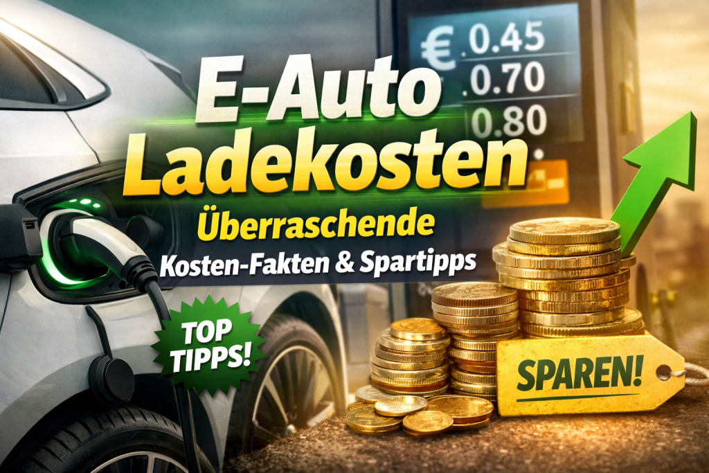 Ein modernes Beitragsbild zum Thema „E-Auto Ladekosten“ mit einem Elektroauto, das an einer Ladesäule lädt, daneben gestapelte Münzen und ein grüner Pfeil nach oben als Symbol für steigende Kosten sowie hervorgehobener Text „E-Auto Ladekosten: Überraschende Kosten-Fakten & Spartipps“.