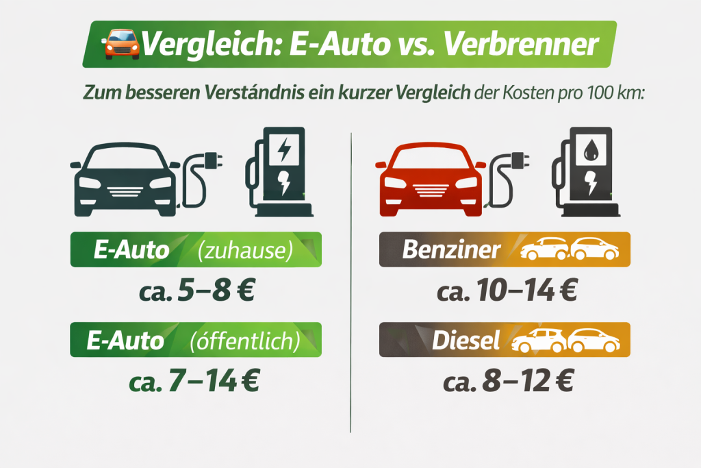 Eine Infografik mit dem Titel „Vergleich: E-Auto vs. Verbrenner“, die die Kosten pro 100 km gegenüberstellt. Links werden die Kosten für ein E-Auto beim Laden zuhause (ca. 5–8 €) und beim öffentlichen Laden (ca. 7–14 €) dargestellt. Rechts werden die Kosten für Benziner (ca. 10–14 €) und Diesel (ca. 8–12 €) gegenübergestellt, jeweils mit passenden Fahrzeug- und Tanksäulen-Icons.