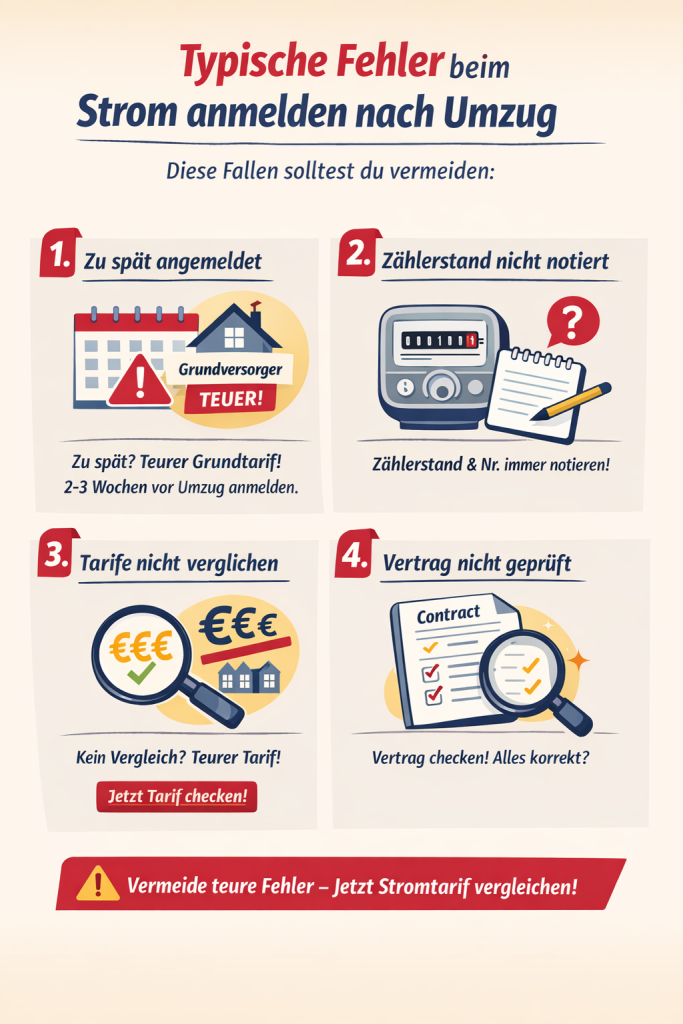 Infografik: Typische Fehler beim Strom anmelden nach Umzug. Vier Fehler werden gezeigt: 1. Strom zu spät anmelden – Symbol Kalender/Haus, Hinweis Grundversorger teuer, 2. Zählerstand nicht dokumentiert – Symbol Stromzähler und Notizblock, 3. Tarife nicht vergleichen – Symbol Lupe über Preisschildern, 4. Stromvertrag nicht prüfen – Symbol Vertrag mit Lupe. Am unteren Rand Hinweis: Vermeide teure Fehler – jetzt Stromtarif vergleichen.