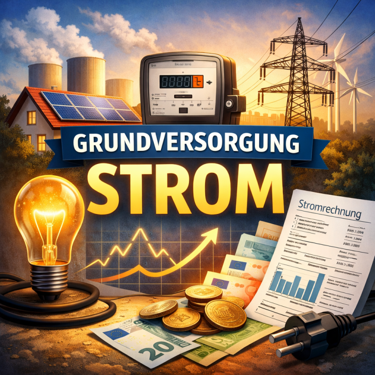 Illustration zum Thema Grundversorgung Strom: Ein Stromzähler über dem Schriftzug „Grundversorgung Strom“, daneben Strommast, Windräder und ein Haus mit Solaranlage. Im Vordergrund eine leuchtende Glühbirne, Euro-Geld, eine Stromrechnung und ein steigendes Diagramm als Symbol für Stromkosten.