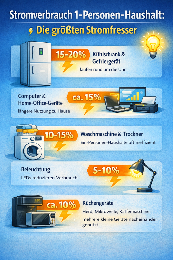 Stromverbrauch 1-Personen-Haushalt: Die größten Stromfresser
Auch für Singles gibt es echte „Stromfresser“, die den Verbrauch in die Höhe treiben:
Kühlschrank & Gefriergerät: 15–20 % des Gesamtverbrauchs, da sie rund um die Uhr laufen.
Computer & Home-Office-Geräte: etwa 15 %, besonders bei längerer Nutzung zu Hause.
Waschmaschine & Trockner: 10–15 %, je nach Nutzungshäufigkeit – Ein-Personen-Haushalte laufen hier oft ineffizient, weil Maschinen nicht voll beladen werden.
Beleuchtung: 5–10 %, wobei der Wechsel auf LED-Lampen den Verbrauch stark reduzieren kann.
Küchengeräte (Herd, Mikrowelle, Kaffeemaschine): rund 10 % – gerade Singles nutzen oft mehrere kleine Geräte nacheinander, statt effizient zusammen zu kochen.