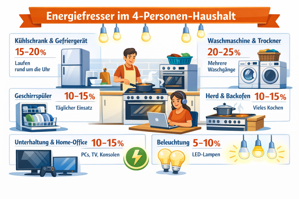 Infografik mit dem Titel „Energiefresser im 4-Personen-Haushalt“. In der Mitte ist eine moderne Küche dargestellt, in der eine Person am Herd kocht und eine andere am Laptop arbeitet.
Rund um die Szene sind sechs Bereiche mit Icons und Prozentangaben angeordnet:
Kühlschrank & Gefriergerät (15–20 %): Symbol eines Kühlschranks, Hinweis „laufen rund um die Uhr“.
Waschmaschine & Trockner (20–25 %): Symbole für Waschmaschine und Trockner, Hinweis auf mehrere Waschgänge.
Geschirrspüler (10–15 %): Darstellung eines gefüllten Geschirrspülers, Hinweis „täglicher Einsatz“.
Herd & Backofen (10–15 %): Kochfeld mit Topf, Hinweis auf intensives Kochen.
Unterhaltung & Home-Office (10–15 %): Symbole für Fernseher, Laptop und Konsole.
Beleuchtung (5–10 %): Mehrere leuchtende LED-Lampen.
Zusätzlich sind kleine Energiesymbole wie ein Blitz-Icon integriert. Die Gestaltung ist farbenfroh, übersichtlich und im klaren Infografik-Stil gehalten.