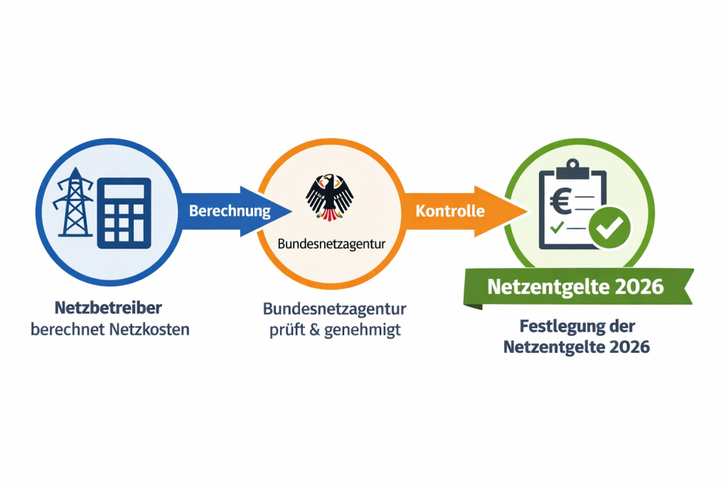 Infografik zeigt den Prozess der Festlegung der Netzentgelte 2026: Schritt 1 – Netzbetreiber berechnet Netzkosten, Schritt 2 – Bundesnetzagentur prüft und genehmigt, Schritt 3 – Netzentgelte 2026 werden festgelegt. Jede Stufe ist durch Pfeile verbunden, mit Symbolen für Strom, Bürokratie und Genehmigung.