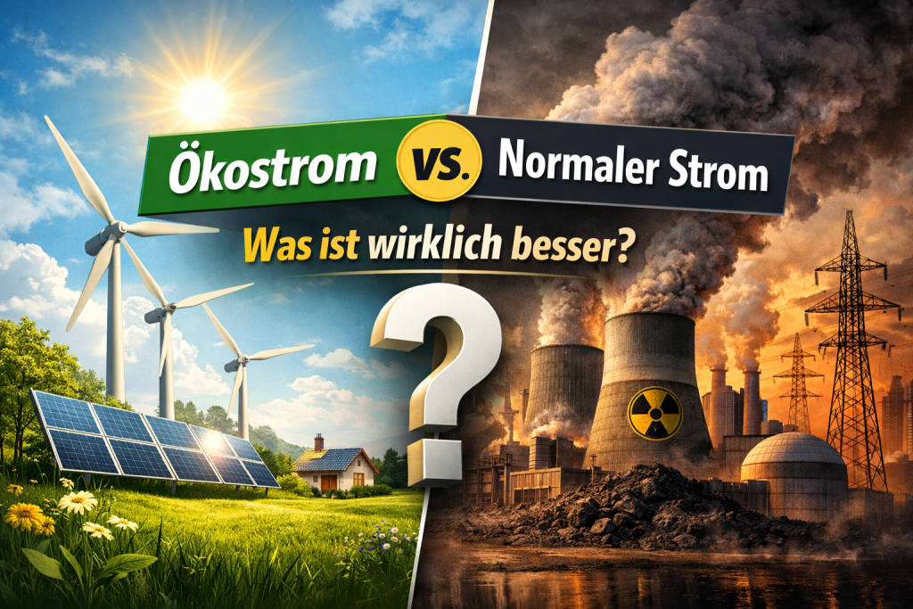 Beitragsbild für den Vergleich Ökostrom vs. normaler Strom: Links grüne Energie mit Windrädern, Solarpaneelen und blauem Himmel, rechts konventionelle Energie mit Kohlekraftwerken, Atomreaktoren, Rauch und Stromleitungen. In der Mitte Text: ‚Ökostrom vs. normaler Strom – Was ist wirklich besser?‘
