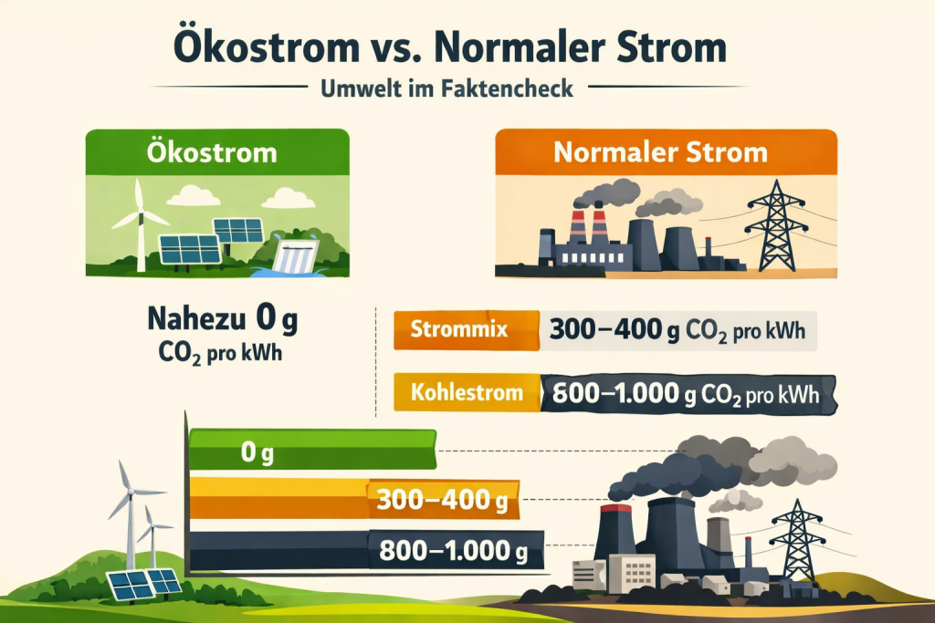 Infografik zum Vergleich von Ökostrom und normalem Strom: Drei Balken zeigen CO₂-Emissionen pro kWh. Ökostrom: 0 g CO₂ (grün), deutscher Strommix: 300–400 g CO₂ (gelb), Kohlestrom: 800–1.000 g CO₂ (rot). Oben Bilder von Windrädern, Solarpanelen und einem Kraftwerk."