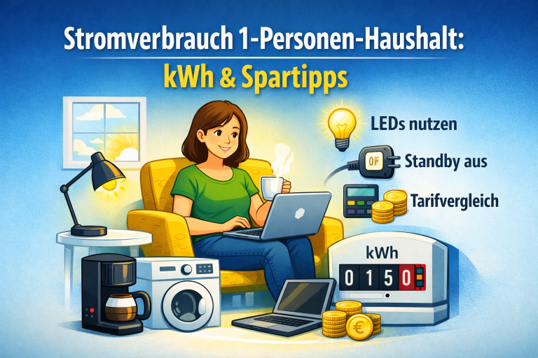Illustration eines 1-Personen-Haushalts: Eine Frau sitzt mit Laptop und Kaffeetasse auf einem gelben Sessel in einer modernen Wohnung. Im Vordergrund sind Haushaltsgeräte wie Waschmaschine, Kaffeemaschine und Laptop zu sehen. Symbole für Stromsparen (LED-Lampe, Steckdose aus, Tarifvergleich) und ein Stromzähler mit „150 kWh“ verdeutlichen den Stromverbrauch. Der Text „Stromverbrauch 1-Personen-Haushalt: kWh & Spartipps“ ist prominent eingeblendet.