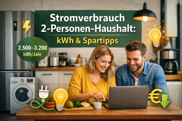 Beitragsbild für „Stromverbrauch 2-Personen-Haushalt“: Ein Paar sitzt gemeinsam am Küchentisch vor einem Laptop, lächelt und plant. Im Hintergrund sind Kühlschrank, Waschmaschine, Kaffeemaschine und LED-Lampen zu sehen. Symbole für Energiesparen wie Blitz, Steckdose, Glühbirne und Euro-Zeichen mit Pfeil nach unten verdeutlichen Stromverbrauch und Kostensenkung. Text auf dem Bild: „Stromverbrauch 2-Personen-Haushalt: kWh & Spartipps“.