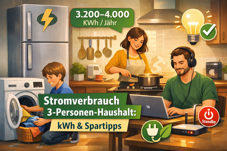 Beitragsbild für „Stromverbrauch 3-Personen-Haushalt“: Eine Familie mit drei Personen in einer modernen Küche – ein Kind nutzt die Waschmaschine, eine Person kocht am Herd und eine weitere arbeitet am Laptop. Im Hintergrund sind Kühlschrank, Küchengeräte und LED-Beleuchtung zu sehen. Symbole für Energiesparen wie Glühbirne, Stecker und Standby-Icon sowie der Text „Stromverbrauch 3-Personen-Haushalt: kWh & Spartipps“ verdeutlichen Stromverbrauch und Einsparpotenzial.