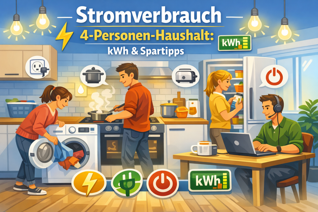 Beitragsbild Stromverbrauch 4-Personen-Haushalt: Vier Personen in moderner Wohnung – Kochen, Wäsche, Laptop, Kühlschrank, LED-Beleuchtung und Symbole für Energiesparen (kWh, Steckdose, Standby) sichtbar.