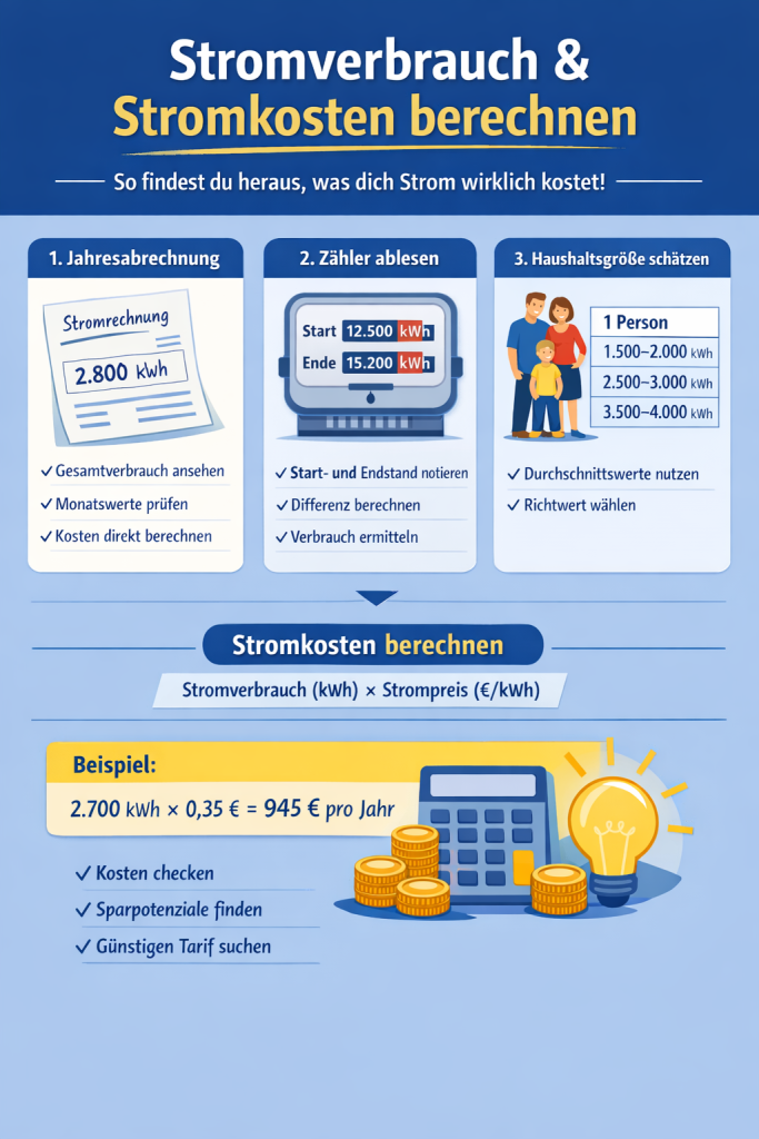 Infografik: Stromverbrauch berechnen und Stromkosten ermitteln. Zeigt drei Methoden: 1) Jahresabrechnung prüfen – Gesamtverbrauch und Monatswerte nutzen, 2) Stromzähler ablesen – Start- und Endwert notieren, Differenz berechnen, 3) Haushaltsgröße schätzen – Durchschnittswerte für 1 bis 4 Personen. Darunter Formel zur Stromkostenberechnung: Stromverbrauch × Strompreis, mit Beispiel 2.700 kWh × 0,35 € = 945 € pro Jahr. Tipps: Kosten checken, Sparpotenziale finden, günstigen Tarif suchen.