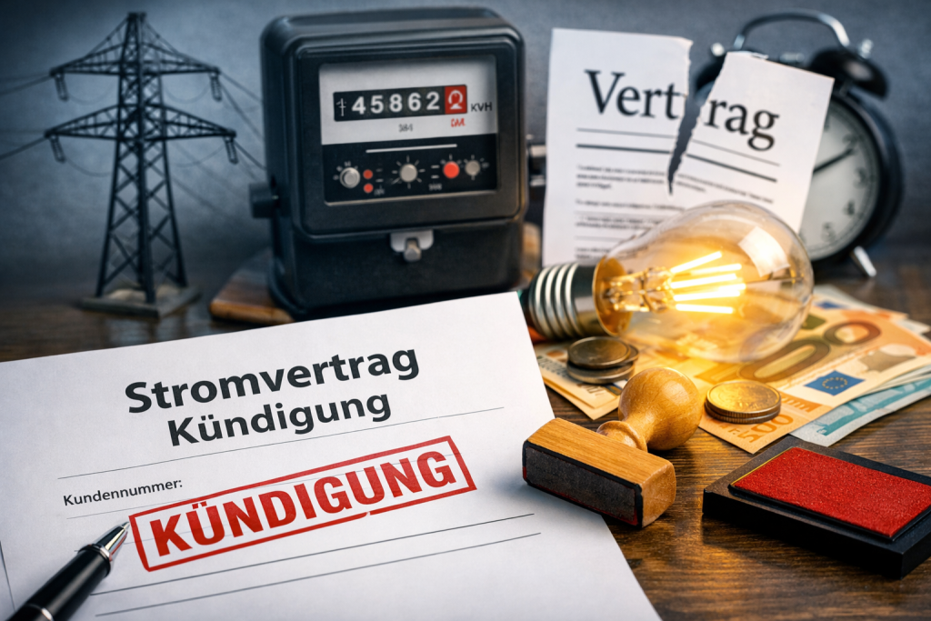 Illustration zum Thema Stromvertrag kündigen: Ein Stromkündigungsformular mit dem Stempel 'Kündigung', im Hintergrund Stromzähler, zerissener Vertrag, leuchtende Glühbirne, Geldscheine und Münzen, symbolisieren Kosten, Energie und Vertragsbeendigung