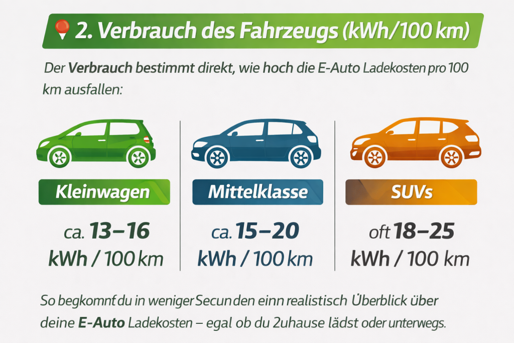 Eine deutschsprachige Infografik zum Thema „Verbrauch des Fahrzeugs (kWh/100 km)“, die den Energieverbrauch verschiedener Fahrzeugklassen vergleicht. Links wird ein Kleinwagen mit einem Verbrauch von ca. 13–16 kWh/100 km dargestellt, in der Mitte eine Mittelklasse mit ca. 15–20 kWh/100 km und rechts ein SUV mit einem höheren Verbrauch von ca. 18–25 kWh/100 km. Die Grafik zeigt, dass der Verbrauch direkt die E-Auto Ladekosten pro 100 km beeinflusst.
