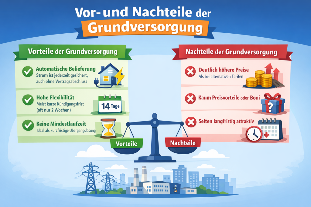 Infografik mit dem Titel „Vor- und Nachteile der Grundversorgung“. Links (grün) stehen die Vorteile: automatische Strombelieferung ohne Vertrag, hohe Flexibilität mit kurzer Kündigungsfrist (ca. 2 Wochen) und keine Mindestlaufzeit als Übergangslösung. Rechts (rot) stehen die Nachteile: deutlich höhere Preise als bei alternativen Tarifen, kaum Preisvorteile oder Boni und selten langfristig attraktiv. In der Mitte ist eine Waage dargestellt, die Vorteile und Nachteile gegenüberstellt, im Hintergrund eine stilisierte Stadt mit Strommasten.