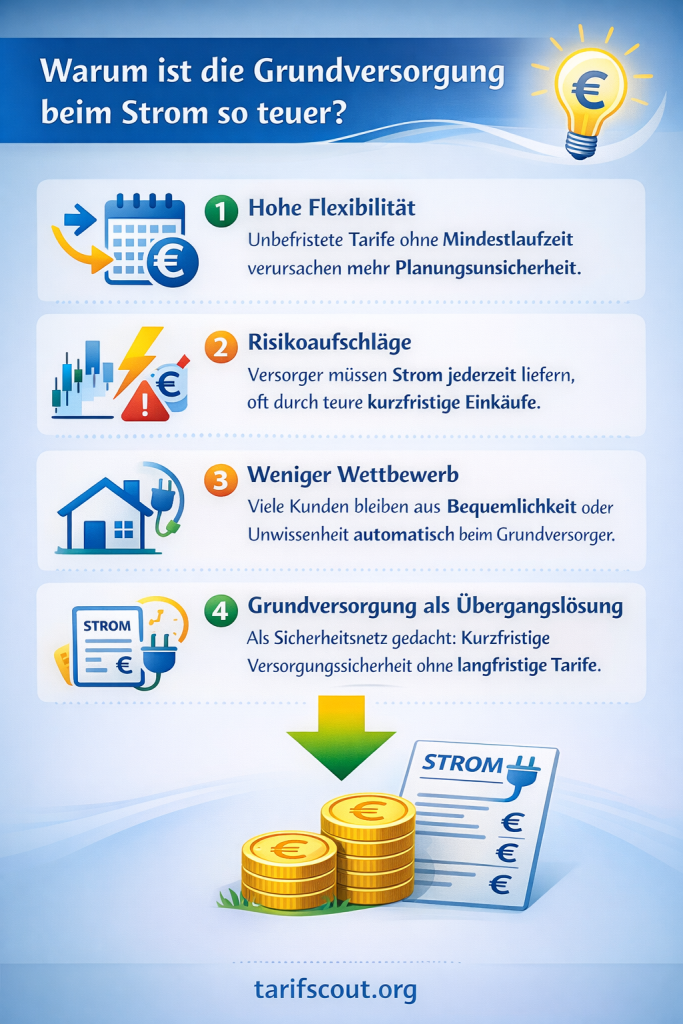 Infografik mit dem Titel „Warum ist die Grundversorgung beim Strom so teuer?“. Vier nummerierte Abschnitte erklären die Gründe: hohe Flexibilität ohne Mindestlaufzeit, Risikoaufschläge durch kurzfristige Strombeschaffung, weniger Wettbewerb weil viele Kunden beim Grundversorger bleiben und die Grundversorgung als kurzfristige Übergangslösung zur Sicherstellung der Stromversorgung. Symbole wie Kalender, Blitz, Haus und Stromrechnung visualisieren die Punkte. Unten zeigen Münzen und eine Stromrechnung steigende Kosten, darüber ein grüner Pfeil. Logo bzw. Schriftzug „tarifscout.org“ am unteren Rand.