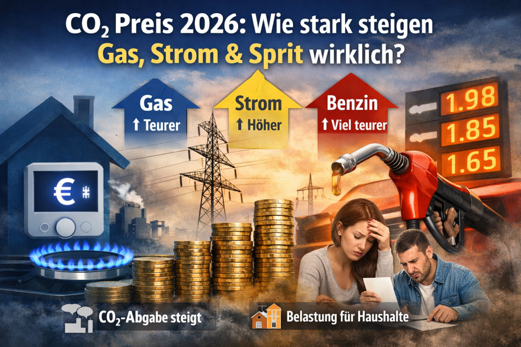 CO₂ Preis 2026: steigende Kosten für Gas, Strom und Benzin in Deutschland – Grafik mit Preispfeilen nach oben, Zapfsäule, Stromleitungen und besorgtem Haushalt wegen höherer Energiekosten