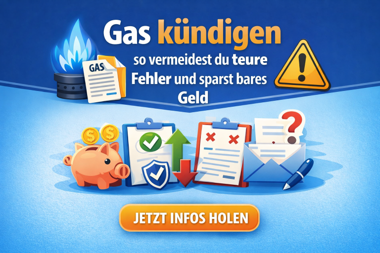 Beitragsbild mit blauem Hintergrund und der großen Überschrift „Gas kündigen“ in Weiß und Orange. Darunter steht: „so vermeidest du teure Fehler und sparst bares Geld“. Links ist eine Gasflamme mit Dokument-Icon zu sehen, rechts ein gelbes Warnsymbol. Im unteren Bereich sind mehrere Illustrationen: ein Sparschwein mit Münzen (für Einsparungen), Checklisten mit Häkchen und Kreuzen (für richtige und falsche Entscheidungen), sowie ein Briefumschlag mit Fragezeichen und ein Stift (für Kündigungsschreiben). Zentral unten befindet sich ein auffälliger orangefarbener Button mit der Aufschrift „JETZT INFOS HOLEN“.