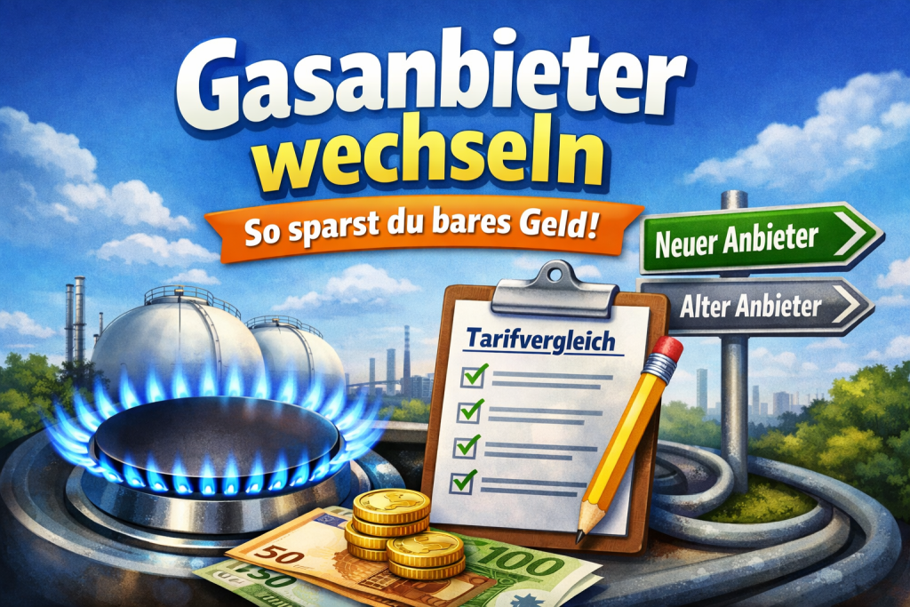 Illustration zum Thema Gasanbieter wechseln: Ein Gasherd mit blauem Gasflammenfeuer, davor liegen Euro-Scheine und Münzen. Ein Clipboard mit einem Tarifvergleich und einem Bleistift steht daneben. Im Hintergrund Schilder mit 'Neuer Anbieter' und 'Alter Anbieter' sowie Gas-Tanks und eine Stadtlandschaft. Überschrift im Bild: ‚Gasanbieter wechseln – So sparst du bares Geld!‘. Helle, freundliche Farben, positive Stimmung.