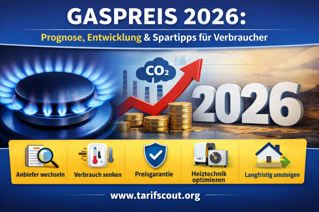 Infografik zum Gaspreis 2026: Prognose, Entwicklung und Spartipps für Verbraucher. Oben der Titel 'Gaspreis 2026: Prognose, Entwicklung & Spartipps für Verbraucher'. Im Hintergrund eine Gasflamme, daneben Stapel von Münzen, ein roter Pfeil nach oben und CO₂-Icon. Unten fünf Tipps mit Icons: Anbieter wechseln, Verbrauch senken, Preisgarantie wählen, Heiztechnik optimieren, langfristig umsteigen. Website www.tarifscout.org
am unteren Rand.