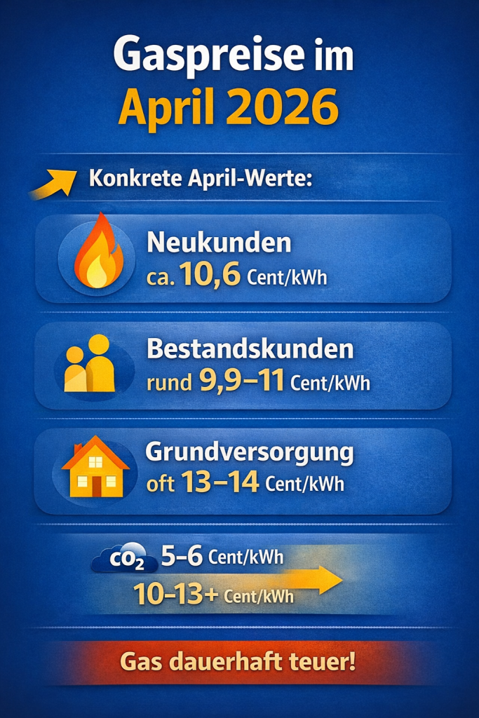 Infografik mit dem Titel „Gaspreise im April 2026“ auf blauem Hintergrund. Darunter der Abschnitt „Konkrete April-Werte“ mit drei hervorgehobenen Kategorien:
„Neukunden: ca. 10,6 Cent/kWh“ neben einem Flammen-Icon
„Bestandskunden: rund 9,9–11 Cent/kWh“ neben einem Personen-Icon
„Grundversorgung: oft 13–14 Cent/kWh“ neben einem Haus-Icon
Alle Werte sind groß und gut lesbar dargestellt, mit klaren farblichen Absetzungen für jede Kategorie.