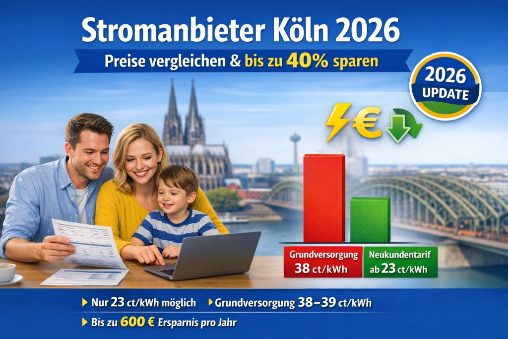 Beitragsbild zu Stromanbieter Köln 2026: Familie vergleicht Strompreise am Laptop vor der Skyline von Köln mit Dom im Hintergrund. Grafik zeigt Preisvergleich zwischen Grundversorgung (38–39 ct/kWh) und günstigem Tarif (ab 23 ct/kWh) sowie Hinweis auf bis zu 40 % Ersparnis und 600 € pro Jahr.