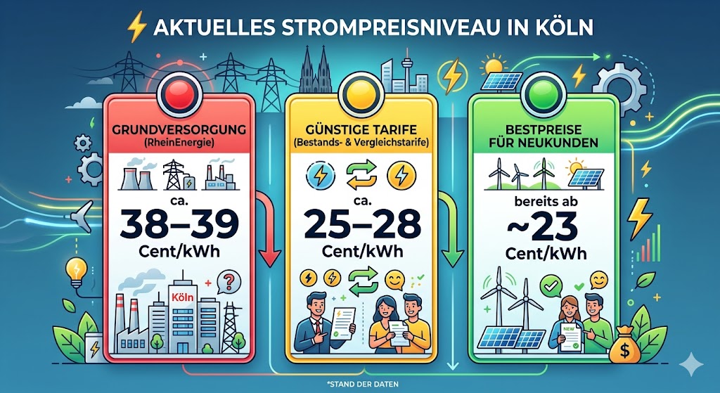 Eine Infografik mit dem Titel „Aktuelles Strompreisniveau in Köln“.
Die Grafik ist in drei vertikale Spalten unterteilt, die einem Ampelsystem folgen:
Links (Rot): Grundversorgung (RheinEnergie). Gezeigt wird ein Preis von ca. 38–39 Cent/kWh. Im Hintergrund sind Industriegebäude und der Kölner Dom angedeutet.
Mitte (Gelb): Günstige Tarife (Bestands- & Vergleichstarife). Hier liegt der Preis bei ca. 25–28 Cent/kWh. Die Illustration zeigt Menschen, die Verträge vergleichen.
Rechts (Grün): Bestpreise für Neukunden. Der günstigste Bereich mit Preisen bereits ab ~23 Cent/kWh. Illustriert mit Symbolen für erneuerbare Energien (Windkraft, Solar) und zufriedenen Kunden.
Das Design ist modern, klar strukturiert und nutzt Icons wie Blitze, Zahnräder und Geldsäcke, um das Thema Energie und Ersparnis zu visualisieren.