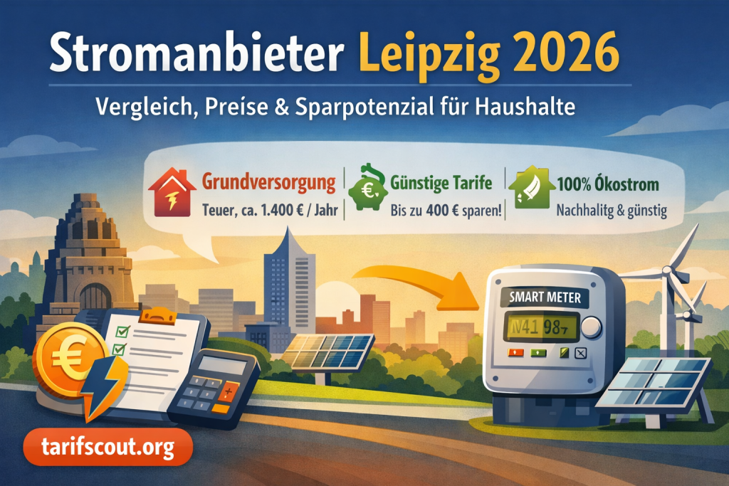 Infografik zum Thema „Stromanbieter Leipzig 2026“ mit Vergleich von Grundversorgung, günstigen Stromtarifen und Ökostrom. Dargestellt sind Preisunterschiede (ca. 1.400 € jährlich vs. Sparpotenzial bis 400 €), Symbole für Stromkosten, Smart Meter, Solaranlagen und eine Leipziger Stadtsilhouette. Die Grafik hebt Stromvergleich, Nachhaltigkeit und Einsparpotenziale für Haushalte in Leipzig hervor.