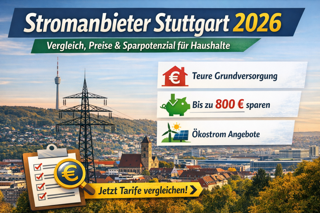 Beitragsbild mit der Überschrift „Stromanbieter Stuttgart 2026: Vergleich, Preise & Sparpotenzial für Haushalte“. Im Hintergrund ist die Skyline von Stuttgart mit Fernsehturm und Stadtansicht zu sehen. Im Vordergrund zeigen Infokacheln die wichtigsten Inhalte: „Teure Grundversorgung“, „Bis zu 800 € sparen“ und „Ökostrom Angebote“. Zusätzlich wird mit Symbolen für Geld, Einsparungen und erneuerbare Energien auf Kostenvergleich und Sparpotenzial beim Stromwechsel hingewiesen. Ein Call-to-Action „Jetzt Tarife vergleichen!“ ist am unteren Bildrand platziert.