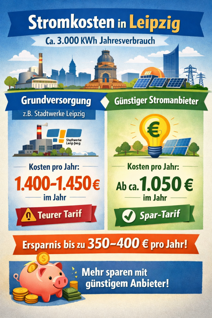 Infografik zu Stromkosten in Leipzig für einen typischen Haushalt mit etwa 3.000 kWh Jahresverbrauch. Die Grafik ist zweigeteilt:
Links wird die Grundversorgung (z. B. Stadtwerke Leipzig GmbH) dargestellt, mit jährlichen Kosten von etwa 1.400–1.450 € und dem Hinweis „teurer Tarif“.
Rechts wird ein günstiger Stromanbieter gezeigt, mit Kosten ab ca. 1.050 € pro Jahr und dem Label „Spar-Tarif“.
Unten hebt die Grafik eine mögliche Ersparnis von etwa 350–400 € jährlich hervor, ergänzt durch Symbole wie ein Sparschwein und eine Glühbirne.