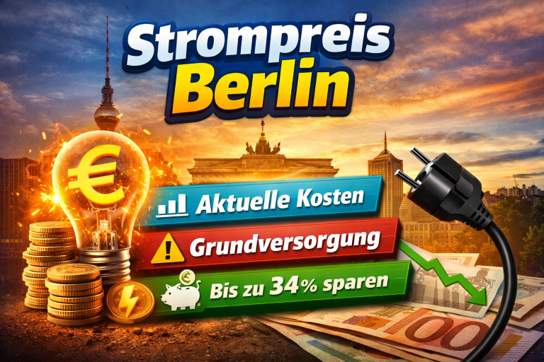 Infografik zum Strompreis in Berlin 2026 mit Berliner Skyline, Glühbirne mit Euro-Symbol, Stromstecker und Hinweisen zu aktuellen Kosten, Grundversorgung und bis zu 34 % Einsparpotenzial