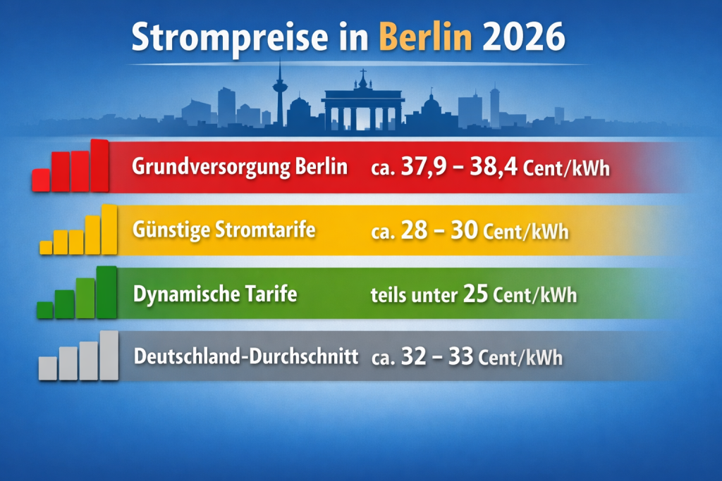 Strompreise Berlin 2026 im Vergleich: Grundversorgung etwa 38 Cent pro kWh, günstige Tarife zwischen 28 und 30 Cent, dynamische Tarife unter 25 Cent und Deutschland-Durchschnitt bei rund 32 Cent pro kWh