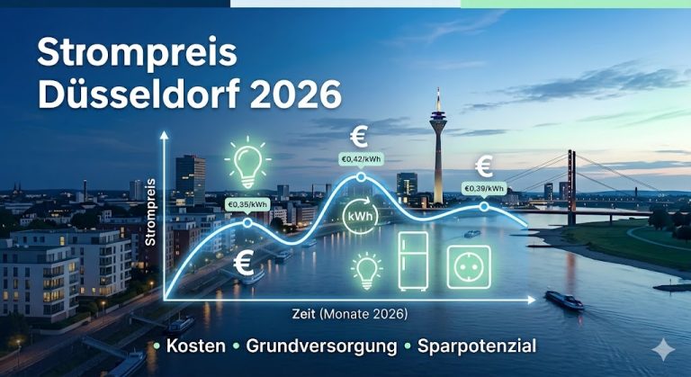 Modernes Infografik-Beitragsbild zum Thema Strompreise in Düsseldorf 2026. Im Hintergrund eine stilisierte Stadtansicht von Düsseldorf mit dem Rhein, dem Fernsehturm und der Rheinkniebrücke bei Dämmerung. Im Vordergrund ein halbtransparentes blaues Overlay mit einer fluktuierenden Preiskurve, Euro-Symbolen und Icons für Haushaltsgeräte (Glühbirne, Kühlschrank, Steckdose). Der Text im Bild lautet „Strompreis Düsseldorf 2026“ sowie „Kosten • Grundversorgung • Sparpotenzial“.