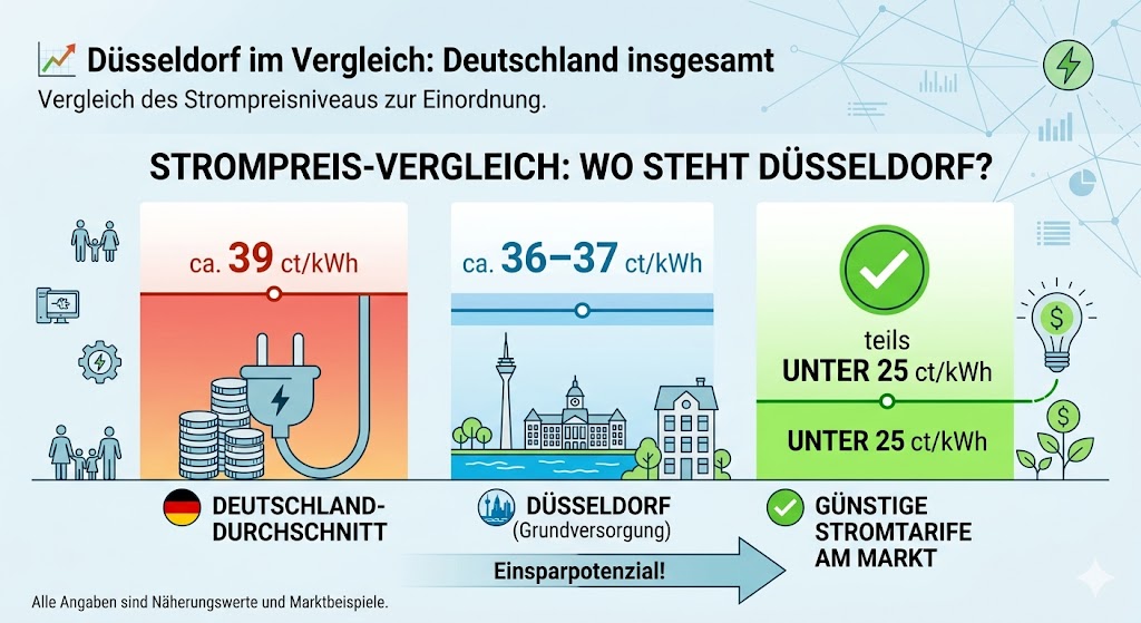 Eine übersichtliche Infografik zum Strompreis-Vergleich zwischen Düsseldorf und dem deutschen Durchschnitt. Drei vertikale Spalten zeigen: 1. Deutschland-Durchschnitt mit ca. 39 ct/kWh (roter Bereich), 2. Düsseldorf Grundversorgung mit ca. 36–37 ct/kWh (blauer Bereich mit stilisierter Stadt-Silhouette), 3. Günstige Stromtarife am Markt mit teils unter 25 ct/kWh (grüner Bereich mit Spar-Icon). Ein Pfeil am unteren Rand verdeutlicht das Einsparpotenzial.
