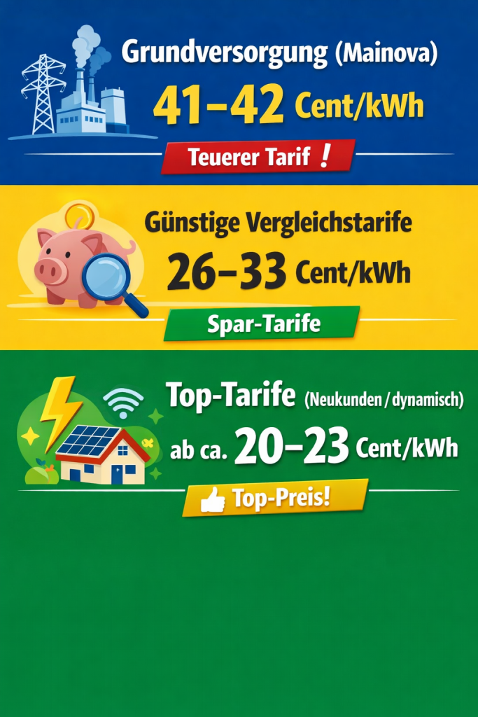 Infografik zum Strompreisvergleich in Deutschland: Oben ein blauer Bereich mit „Grundversorgung (Mainova) 41–42 Cent/kWh“ und dem Hinweis „Teurer Tarif“. In der Mitte ein gelber Bereich mit „Günstige Vergleichstarife 26–33 Cent/kWh“ und Symbolen wie Sparschwein und Lupe. Unten ein grüner Bereich mit „Top-Tarife (Neukunden / dynamisch) ab ca. 20–23 Cent/kWh“ sowie Icons wie Haus mit Solarpanel und Blitz, ergänzt durch den Hinweis „Top-Preis!“.