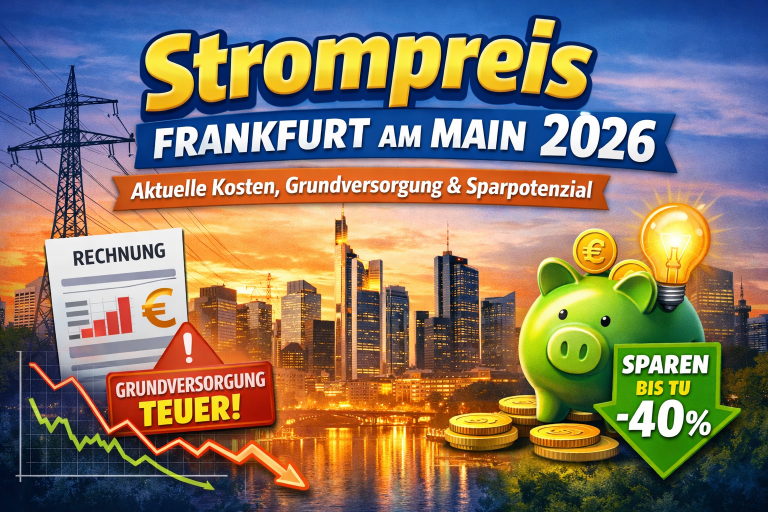 Beitragsbild zum Thema „Strompreis Frankfurt am Main 2026: Aktuelle Kosten, Grundversorgung & Sparpotenzial“ mit einer modernen Infografik im Sonnenuntergangs-Look. Im Hintergrund ist die Frankfurter Skyline mit Hochhäusern zu sehen. Im Vordergrund stehen ein Strommast, eine Stromrechnung mit Diagramm sowie ein Warnhinweis „Grundversorgung teuer!“.