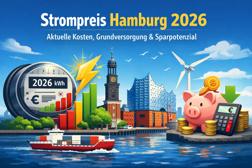 Beitragsbild zum Thema Stromanbieter München 2026 mit Münchner Skyline, inklusive Frauenkirche und Neues Rathaus, kombiniert mit Symbolen für Strompreis, Geld und Ersparnis von bis zu 800 Euro durch Stromvergleich in München.