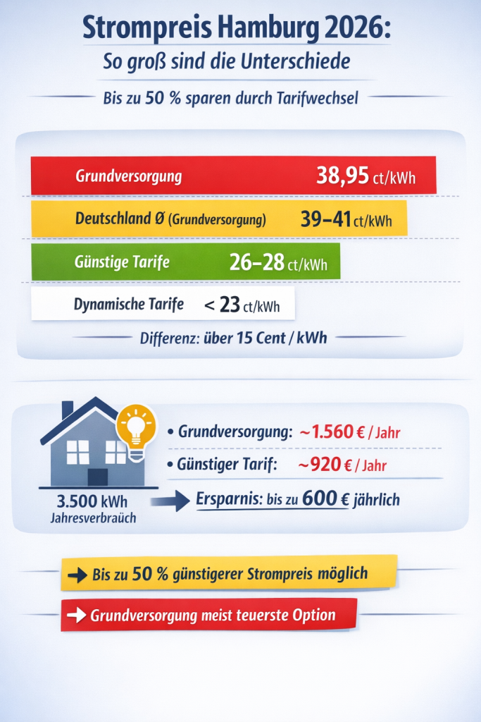 Infografik zum Strompreis in Hamburg 2026 mit Vergleich der Tarife: Grundversorgung bei 38,95 Cent pro kWh, Deutschland-Durchschnitt der Grundversorgung bei 39 bis 41 Cent, günstige Stromtarife zwischen 26 und 28 Cent sowie dynamische Tarife unter 23 Cent pro kWh. Zusätzlich zeigt die Grafik ein Rechenbeispiel für einen Haushalt mit 3.500 kWh Jahresverbrauch, Kosten von etwa 1.560 Euro in der Grundversorgung, rund 920 Euro im günstigen Tarif und ein mögliches Sparpotenzial von bis zu 600 Euro pro Jahr.